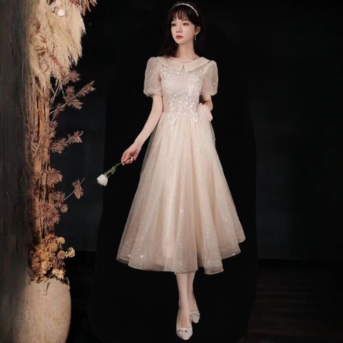Women Girls Lace Mesh Dress Short Sleeve Ball Gown Long Glitter Bridesmaid Swing - Picture 6 of 9