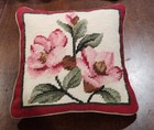 Vintage Christmas Rose Floral 9" Cottagecore Needlepoint Pillow w/ Velvet Cover