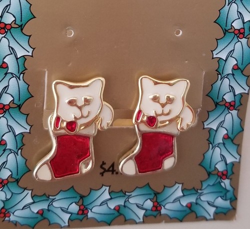 New Vintage Swivel Earrings . Christmas Stocking w/ Kitten . Red White Gold-tone - Picture 4 of 8