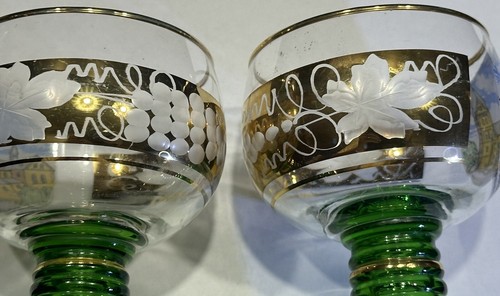 2 deutsche Weingläser - Goldrand mit geripptem grünem Stiel 5" Ramsfein Pfalz Vintage - Bild 13 von 15