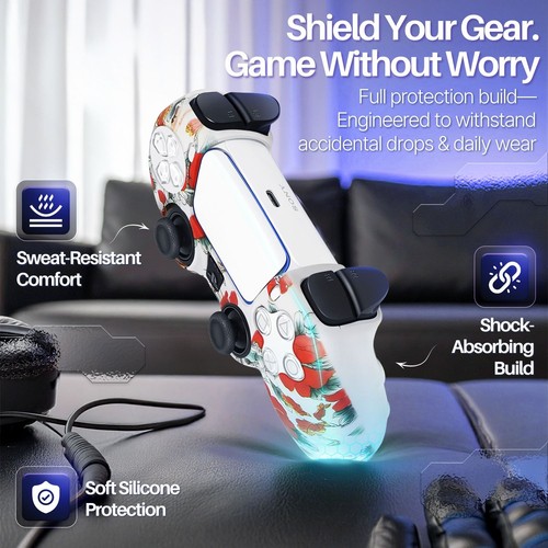 PS5 Controller Skin Grip Cover Silicone Gel Rubber w/ 8 Thumb Caps - Red Flower - Picture 6 of 7