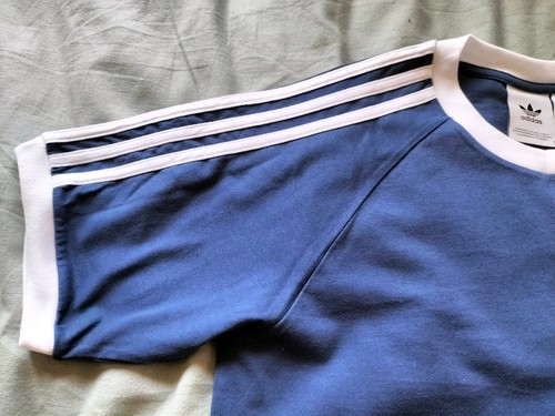 T-shirt Adidas classica tre righe blu retrò top uomo piccola nuova senza etichette - Foto 8 di 18