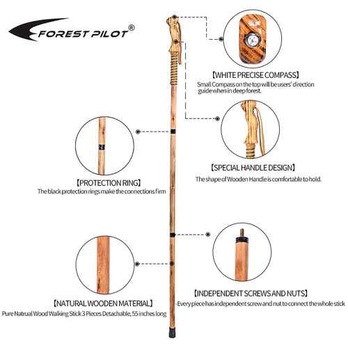 3-pc Detachable Hardwood Walking Stick Pine Handle with Compass (Nature Color... - Bild 2 von 6