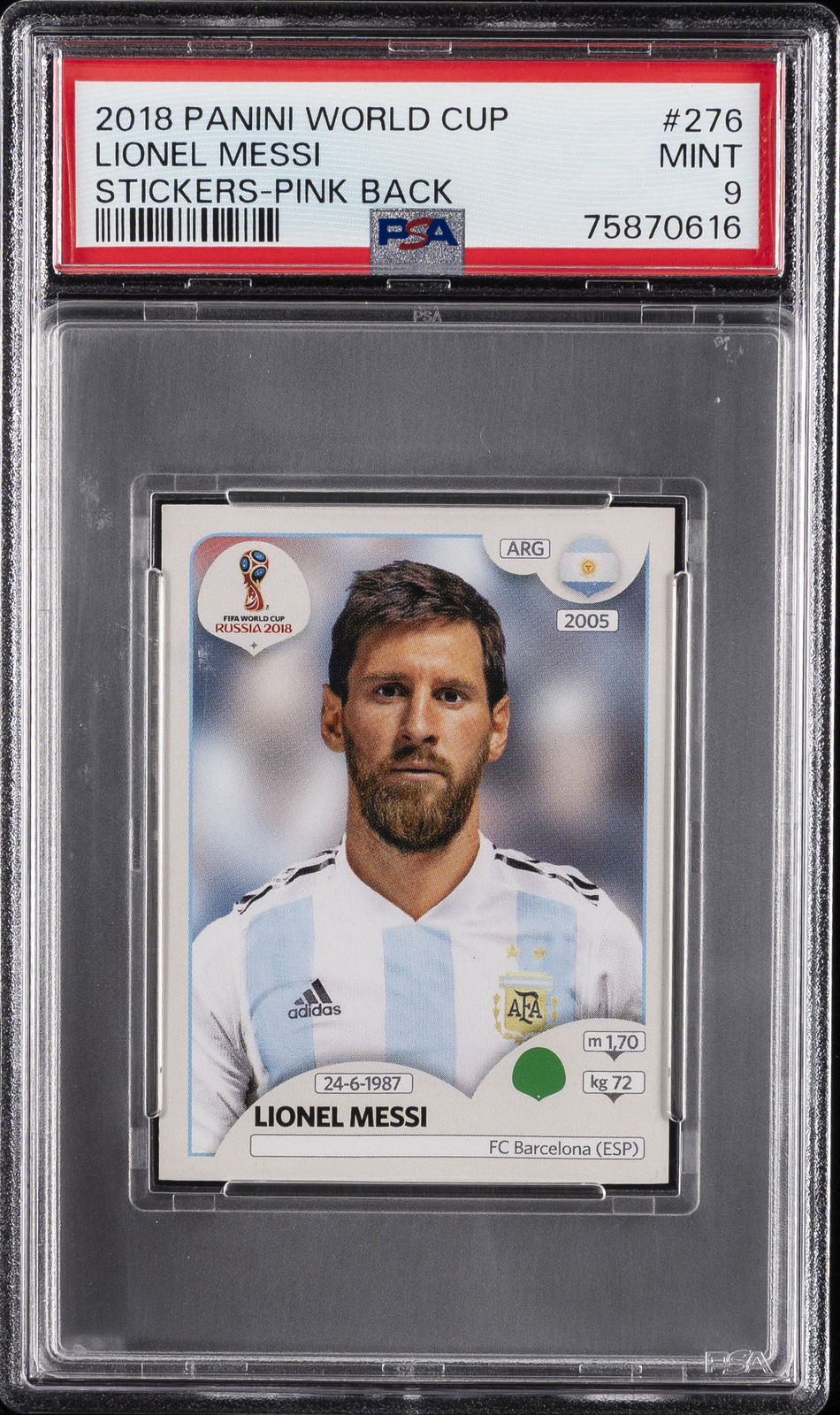 2018 PANINI WORLD CUP STICKERS PINK BACK #276 LIONEL MESSI PSA 9 view 1