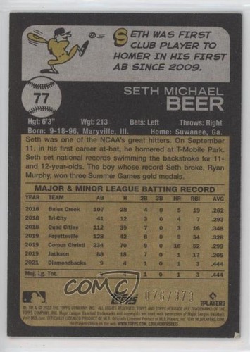 2022 Topps Heritage Chrome Silver Refractor 76/373 Seth Beer #77 Rookie RC - Picture 2 of 3