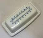 Pyrex Milk Glass Lidded Covered White Butter Dish Blue Snowflake Garland Vintage
