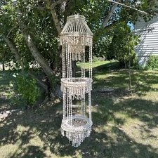 Vintage 6ft Cowrie Seashell Macrame Hanging Plant Holder 3-Tier Boho Chandelier