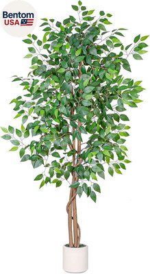 6FT Artificial Ficus Tree with White Planter, Realistic Faux Silk Indoor Outdoor