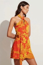 Faithfull the Brand Odette Floral Halter Neck Backless Wrap Mini Dress Orange S