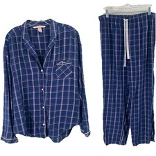 Victorias Secret Winter Pajama Set Navy Blue Cotton Plaid Sz Large