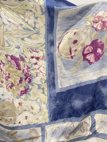 Poet of Florence Silk Scarf Blue Beige Floral Abstract Pattern Vintage Italy#A75 - Picture 2 of 4