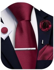 Solid Color Ties for Men Silk Satin Necktie and Pocket Square Cufflinks Wine
