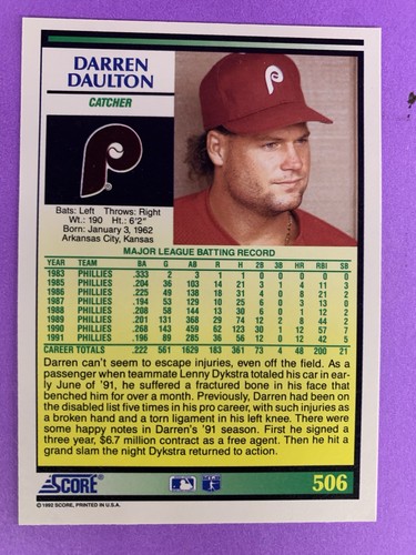 1992 Score #506 Darren Daulton Philadelphia Phillies - Picture 2 of 2