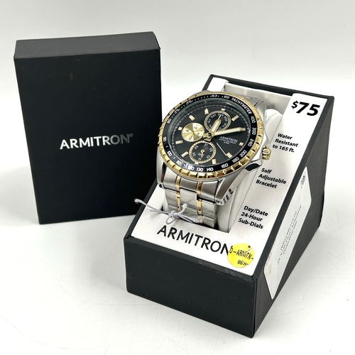 Armitron Men’s Chronograph Tachymeter Watch 20/5313BKTTWM Silver Gold Tone New - Picture 2 of 11