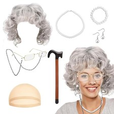 Oma Perücken Set – Komplettes Kostümzubehör Für Die Verkleidung Als Alte Dame Inklusive Perücke, Brille, Perlenkette Und Mehr – Ideal Für Faschingspartys Oder Theater