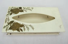 Vtg Metal Tissue Box Holder Cover gold painted Flowers wall mount cutout sides