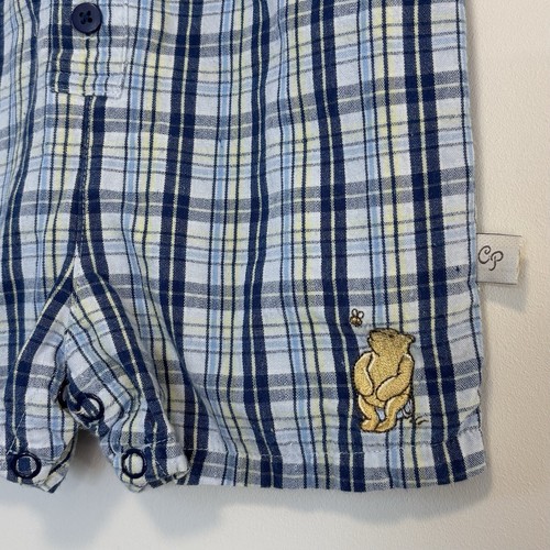 Vintage Classic Pooh Blue Plaid Short Sleeve Romper Embroidered Baby Boy 6 Month - Picture 2 of 7