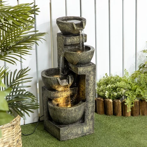 Outsunny Stone Look Outdoor Fountain with Adjustable Flow and LED Lights