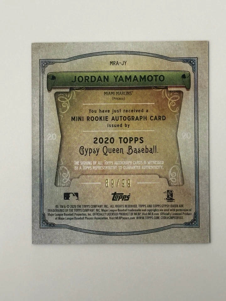 2020 Topps Gypsy Queen Jordan Yamamoto RC (Mini Rookie Auto) #MRA-JY (#/99) - Image 2 of 2