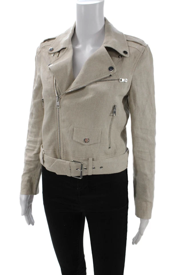 Jaqueta de motocicleta Theory feminina de linho com cinto encolhida bege tamanho pequeno - Imagem 2 de 4
