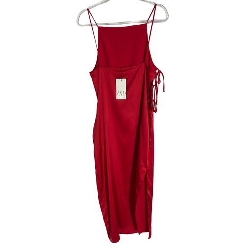 Zara Red Satin Midi Dress Tie Side Bow Spaghetti Strap High Slit Size XL NEW - Picture 6 of 9