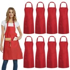 8 Pack Unisex Red Bib Aprons - Commercial Kitchen, BBQ, Crafting with Pockets
