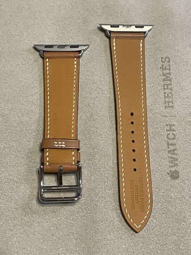 Hermes Gold Leather Band Single Tour for Apple Watch 41mm 42mm Compatible Unisex - Zdjęcie 3 z 5