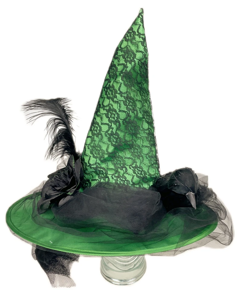 Adult Witch Hat Green Black Bird Raven Crow Feathers Flowers - Image 2 of 4