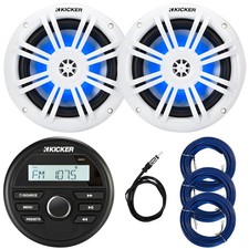 Kicker Boat Bluetooth Gauge Style Receiver, 2x 6.5" 150W Speaker, Antenna, Wire
