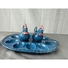 Blue Ceramic Chicken Salt Pepper Shakers Egg Holder Tray Farmhouse Kitchen Decor