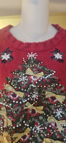 Maglione natalizio vintage cimelio da collezione donna S rosso ALBERO/ORSETTI - Foto 4 di 5