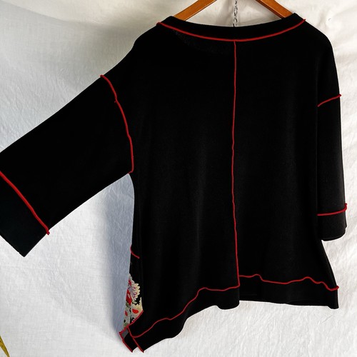 IC Connie K Large Lagenlook Asian Print Top Asymmetrical Artsy Black Red Blouse - Picture 21 of 24