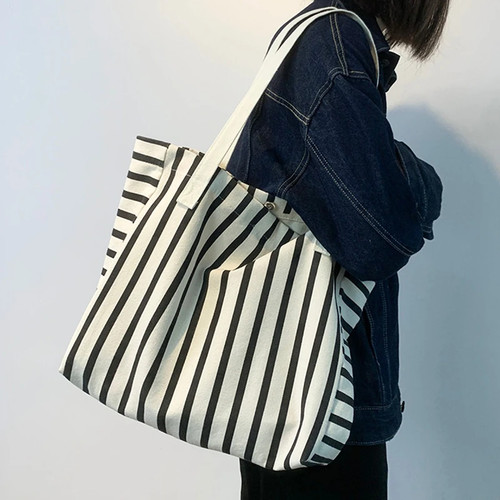 Borsa nuova spiaggia tote bag moda donna tela estate grande capacità a righe - Foto 3 di 23