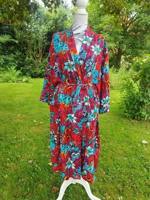 Morgenmantel Kimono Hausmantel Bunt Rot Orange Hellblau Blumen Muster One Size - Bild 1 von 4