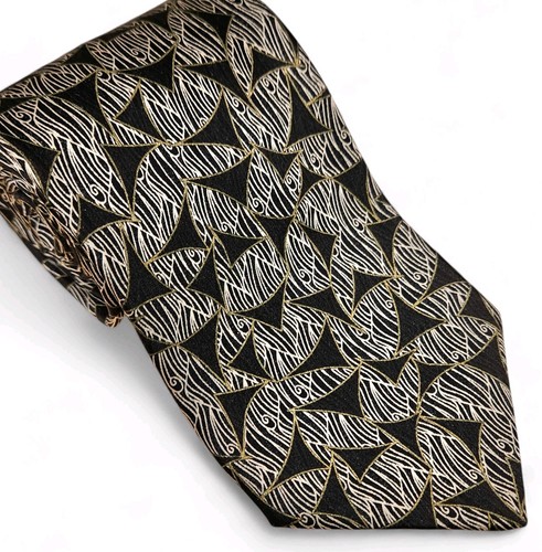 Brioni Italy 100% Silk Neck Tie Black Gold Ivory Geometric Abstract Art Deco 60" - Picture 10 of 10