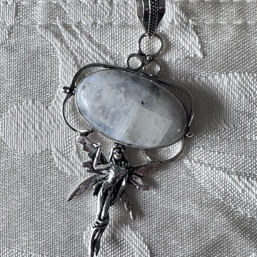 Elegant Rainbow Moonstone Pendant Large Oval Stone Silver Tone Angel Fairy Motif - Picture 3 of 9