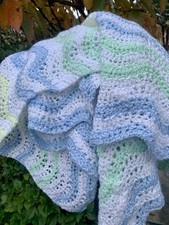 Handmade Crochet Blanket Baby Cot Pram Wrap Pastel Blue Green Yellow White 120cm