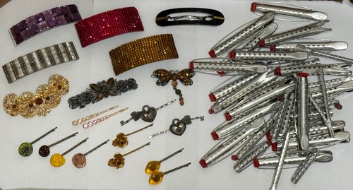 VTG-NOW HAIR ACCESSORY LOT LARGE BARRETTES METAL CURLERS RHINESTONE BOBBY PINS +