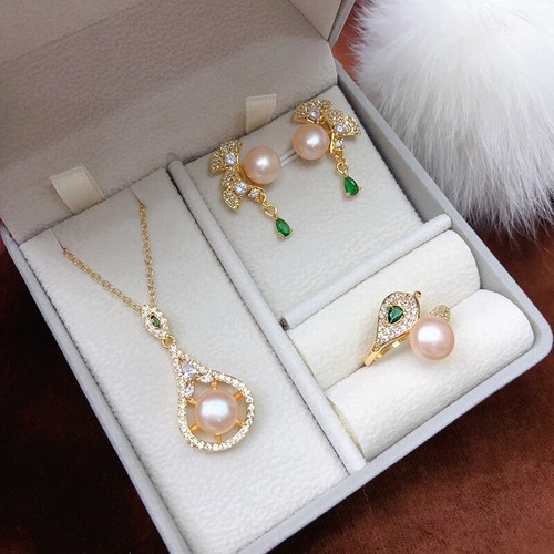 Conjunto de aretes + anillo + collar colgante AAA con incrustaciones de gemas de cristal de circón AAA - Imagen 3 de 14