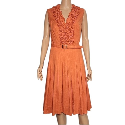 Adrianna PAPELL Burnt Orange Romantic Ruffle V Neck Pleated Size 10 Medium