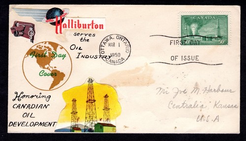 1950 Canada ~ SC #294 50c ~ FDC ~ Handmade Cachet with Stickers ~ Oil Ind. - Picture 1 of 5