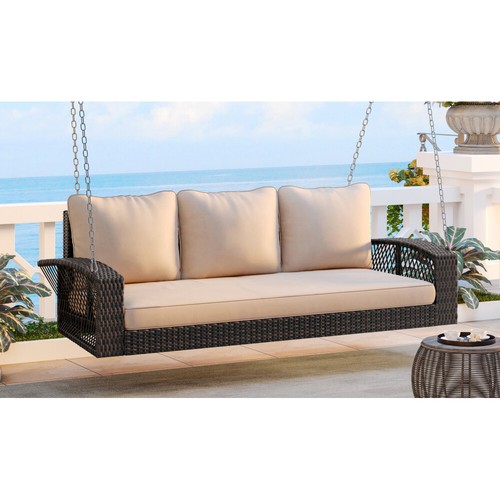 69" PE Wicker 3-Person Porch Swing, Large Patio Swing Bench w Chains & Cushions - Picture 9 of 12