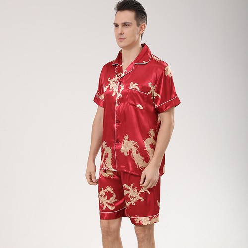 Mens Satin Sleepwear Pajamas Top Shorts Set Short Sleeve Bathrobe Summer Dragon - Picture 15 of 15