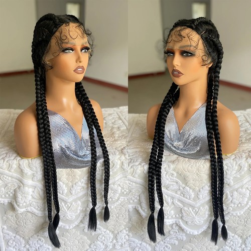 Peluca frontal de encaje sintético trenzada con cabello de bebé 32 pulgadas 4 trenzas de encornowado - Imagen 13 de 25