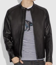 COACH Mens New Icon Cafe Racer Black Leather Jacket Men Moto Biker Size 54 (XL)