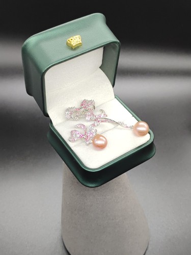 Real Sakura Pink Sea Akoya 10mm Pearl Drop Earrings 9ct White Gold Hallmark S925 - Picture 15 of 22