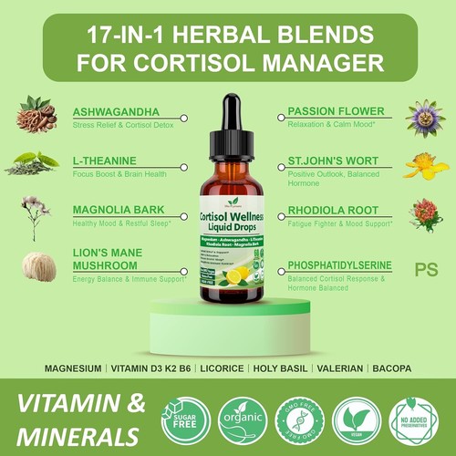 ✨ Cortisol Balance Liquid Drops 17-in-1 Ashwagandha Magnesium L-Theanine 2oz Lem - Picture 4 of 8