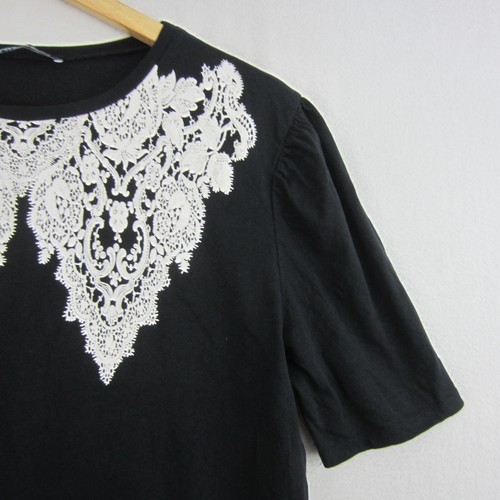 Zara Top Womens Large 14 Black White Lace Print Tee Shirt T-Shirt Stretch Casual - Picture 3 of 15