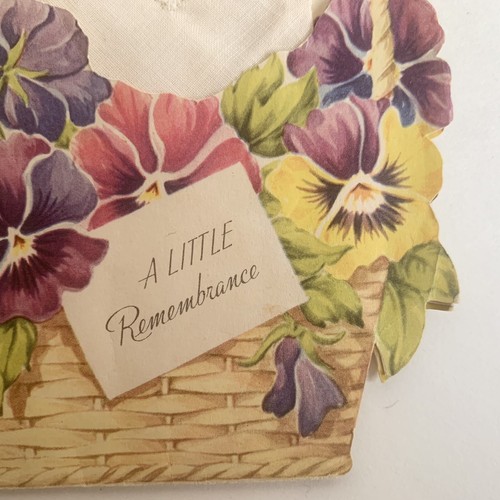 Vintage 1950s Handkerchief Birthday Greeting Card Floral Hankie Pansy Purple - Picture 4 of 10