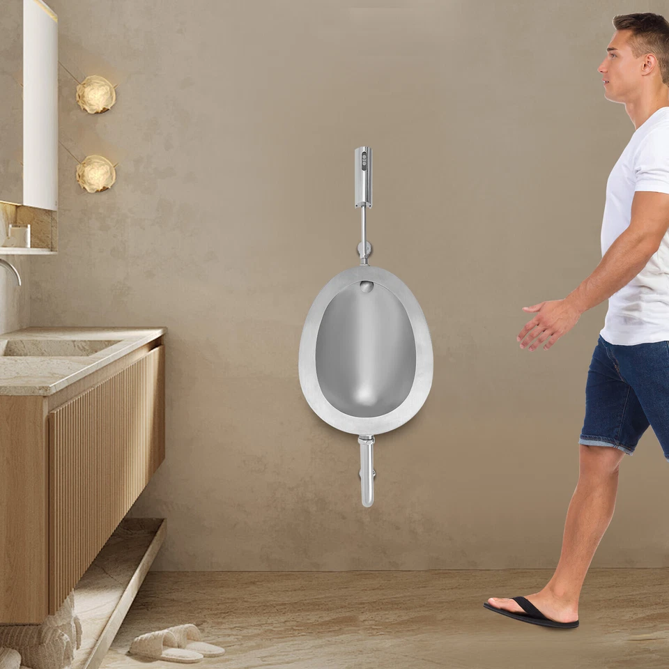 Urinarios ovalados plateados de acero inoxidable con detección para hombres adultos montados en la pared Foto 4 de 4